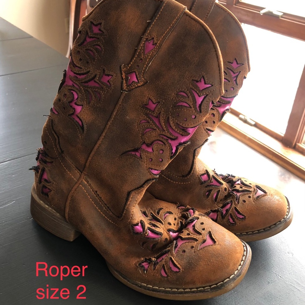 Roper Brown Leather Cowboy Boots with Pink Inset Accents